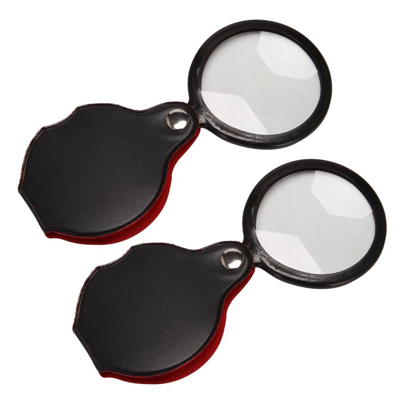 2Pcs 5X Glass Lens Pocket Magnifier with Leather Pouch Folding Magnifying Tool