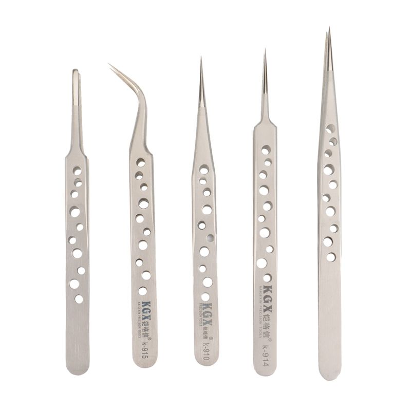KGX 5Pcs Precision Anti-Static Stainless Steel Anti-Magnetic Tweezers Set, Used for Welding Mobile Phone Repair