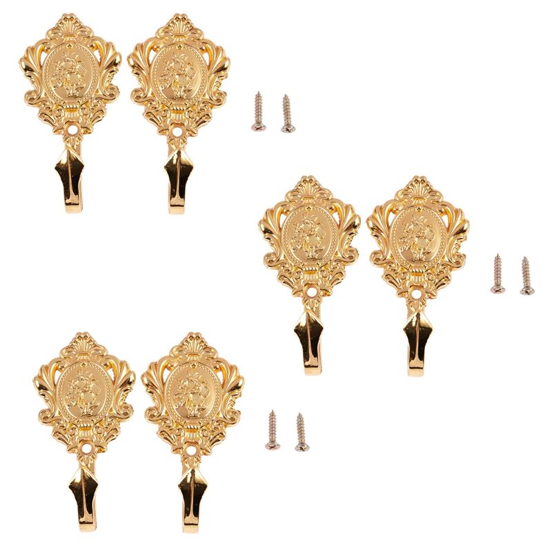 Rose Pattern Vintage Alloy Drapery Curtain Holdbacks Tieback Hooks 6Pcs (Gold)