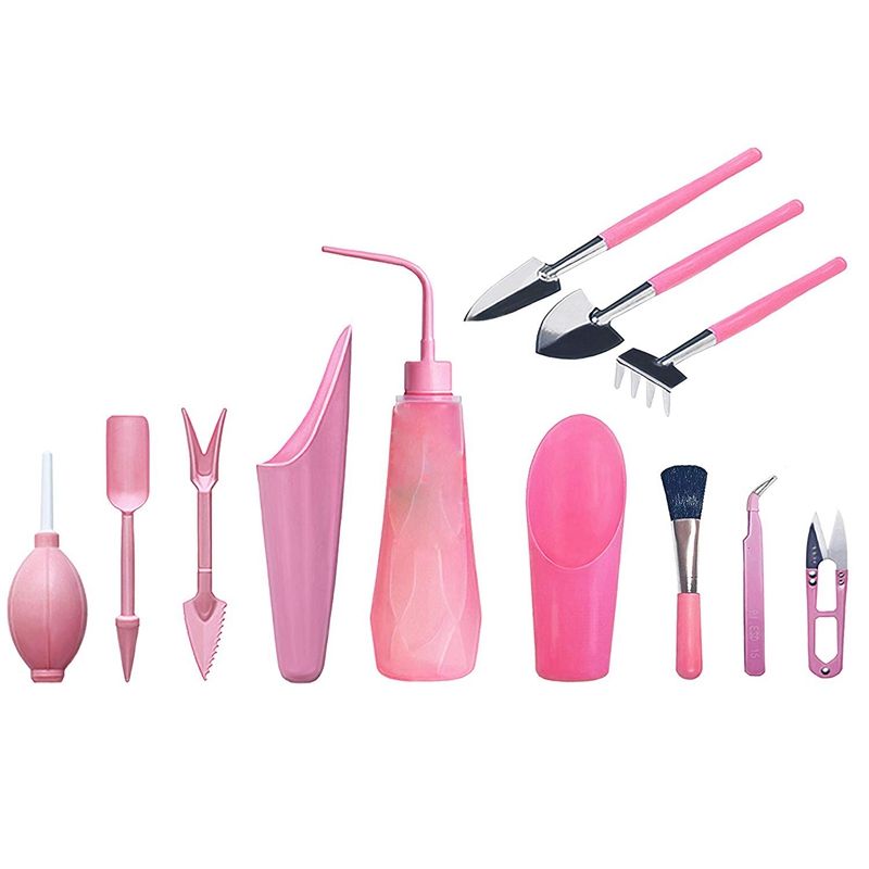 12 Pieces Mini Garden Hand Transplanting Succulent Tools Miniature Planting, Set for Indoor Fairy Care, Potting, Cactus, Houseplant, Bonsai Tools,Bonsai Kit (Pink)