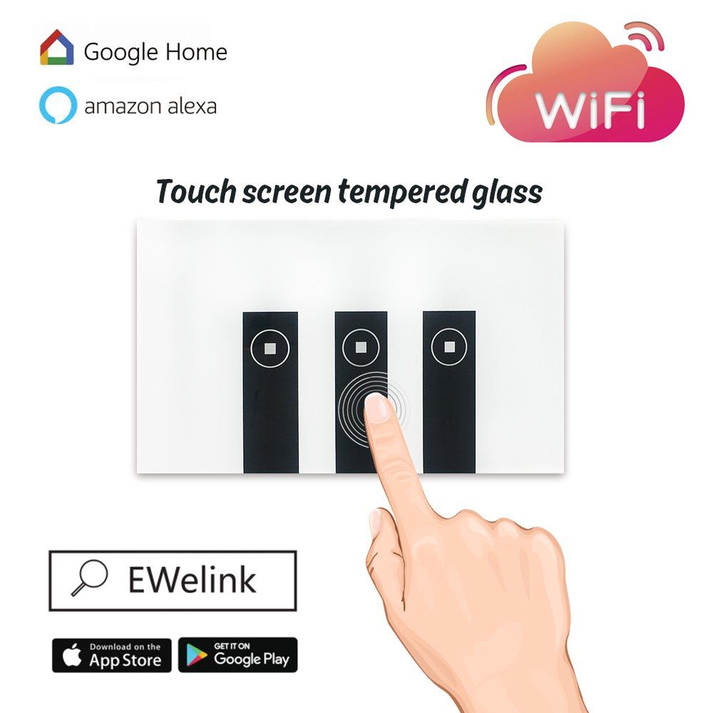 WIFI smart wall touch light home switch wireless glass touchpad compatible with Alexa Echo Google Home, timing function, remove from anywhere to control your lights Fidelity design