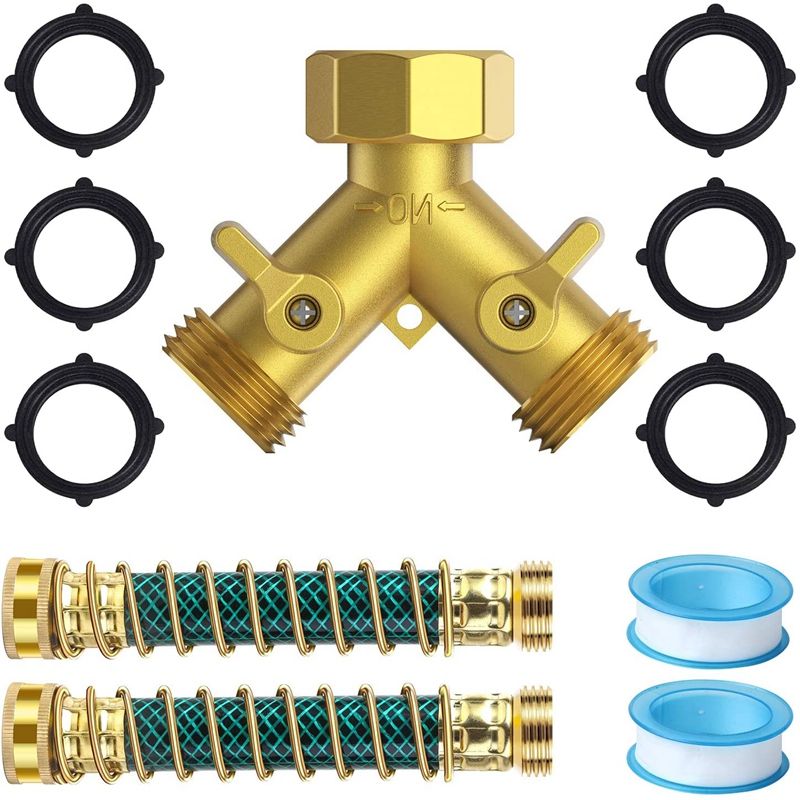 Garden Hose Splitter 2 Way, 2 Pack Garden Hose Protectors, Heavy Duty Brass 3/4 Inch Thread Garden Hose Connector Set