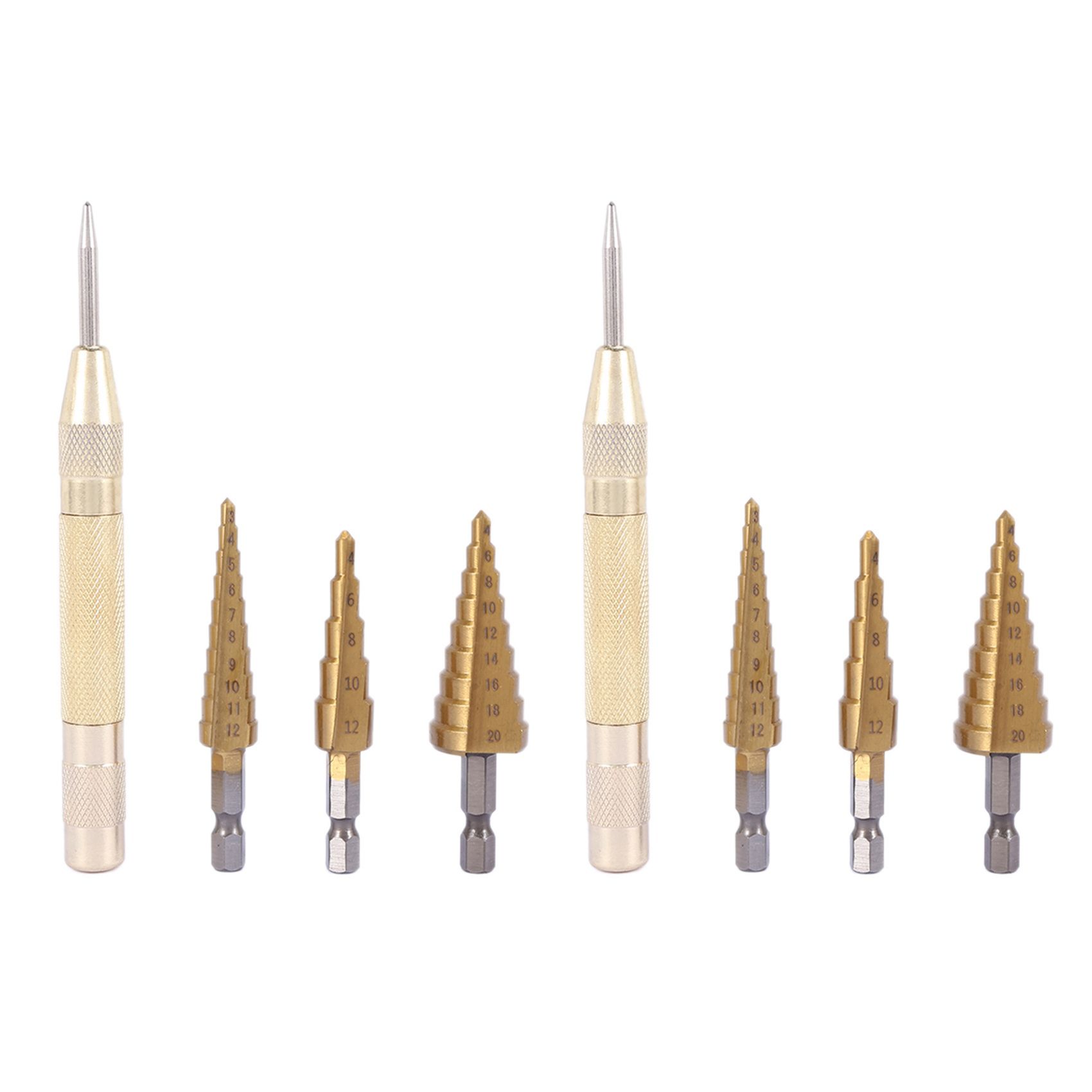6 pcs HSS Titanium Step Drill Bit Set & 2 pcs Automatic Center Punch