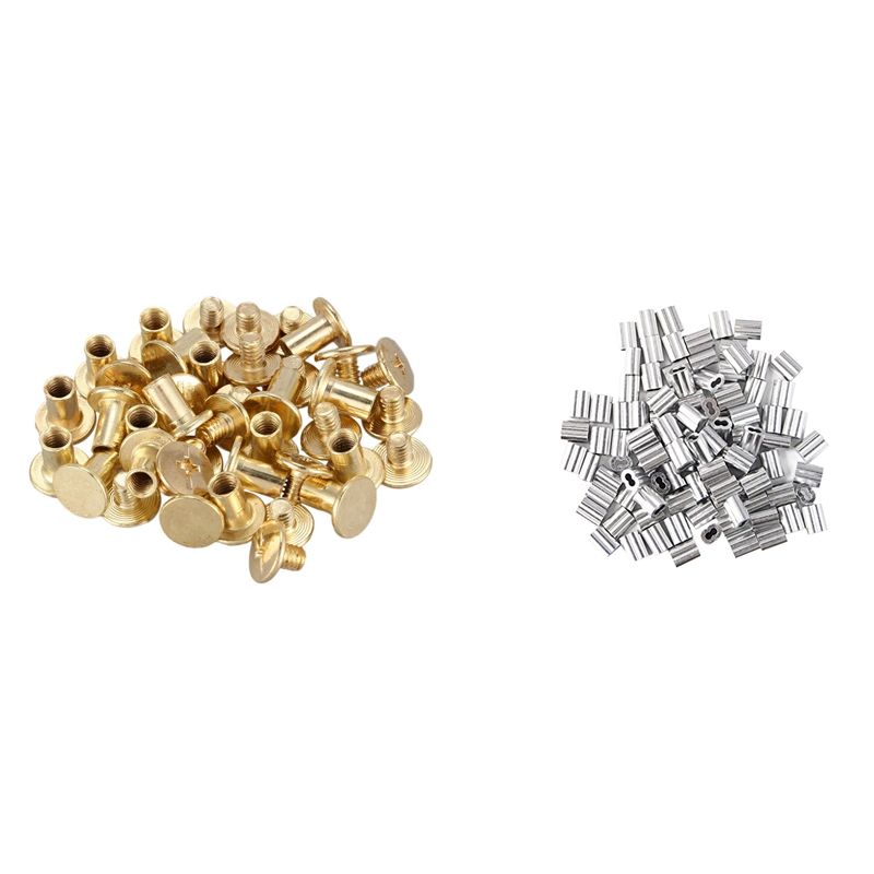 20X Album Purse Brass Plated 5X8mm Binding Chicago Screw Post, Brass & 120X Aluminum Crimping Loop Sleeve