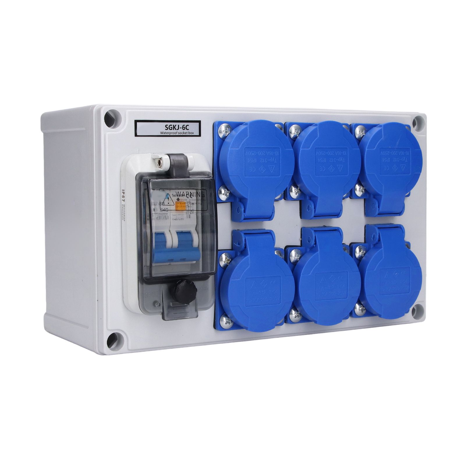 Waterproof Wall Outlet Box 6 Position German Socket 200-250V 10-16A IP54