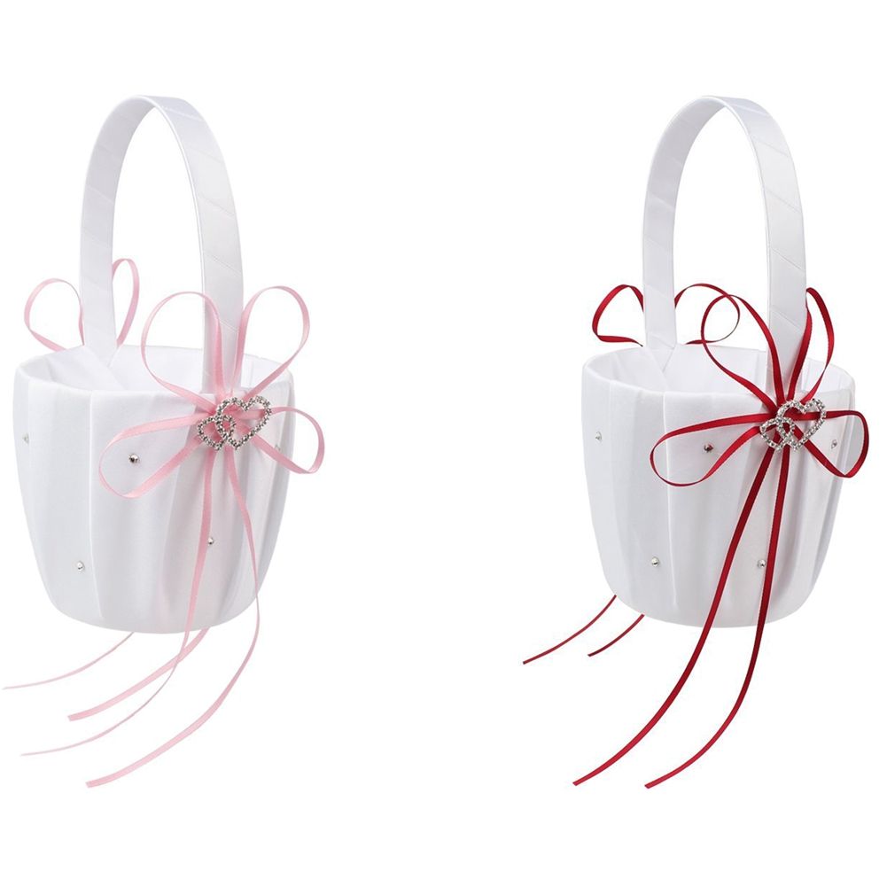 2 Pcs Double Heart Wedding Flower Girl Basket White Satin Rhinestone Decor Wedding Party Favor, Pink & Red - Picture Color