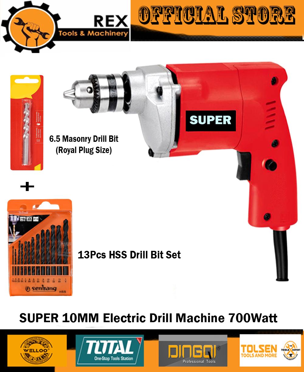 Super 10mm Electric Drill Machine With 13Pcs Hss Drill Bit Set And 1Pcs 6.5 Masonary Drill Bit.