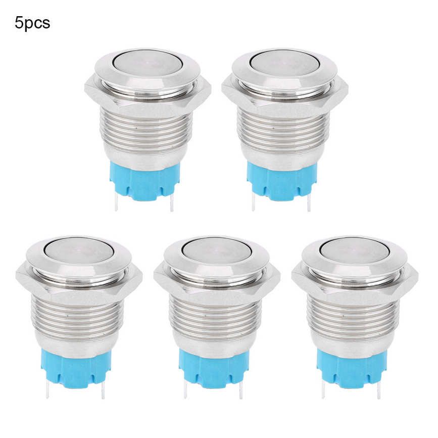 5pcs 16mm Push Button Switch 2 Pin Normally Open Flat Head Metal Waterproof