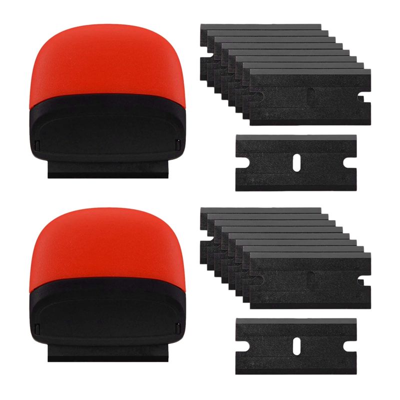 BRADOO-2Pcs Mini Plastic Razor Scrapers Adhesive Label Remover with 100Pcs Double Edged Plastic Razor Blades for Cleaning Paint