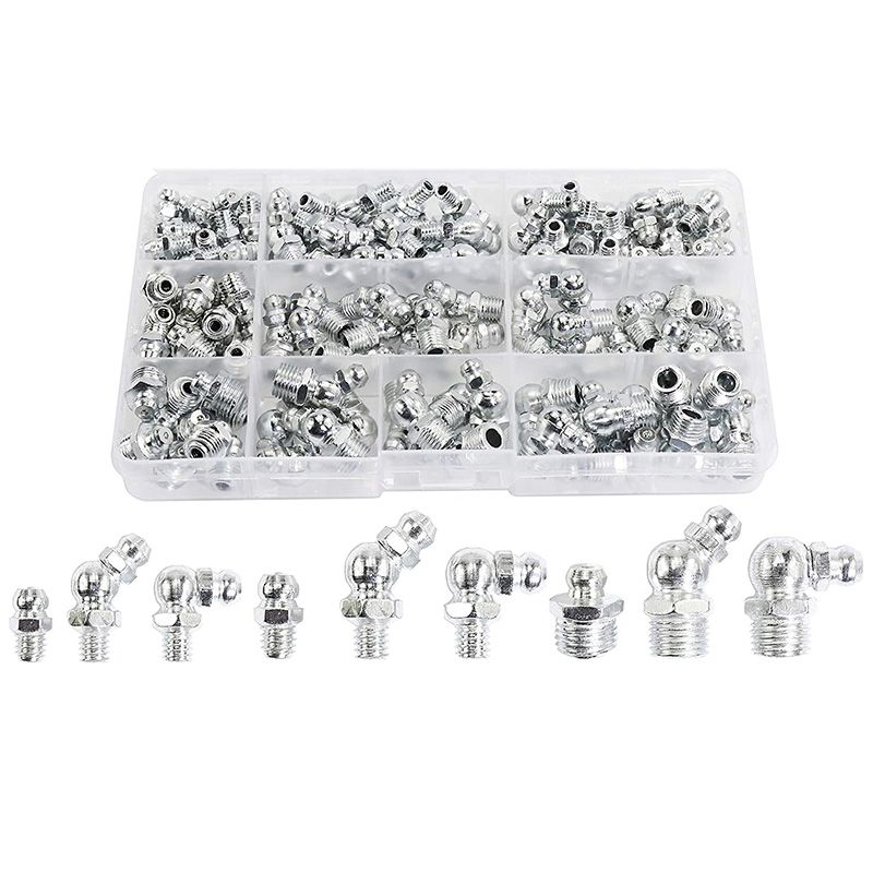 115Pcs Steel Zerk Grease  Fittings ortt Kit ,Straight, 90-Degree, 45-Degree Angled(M6,M8,M10)