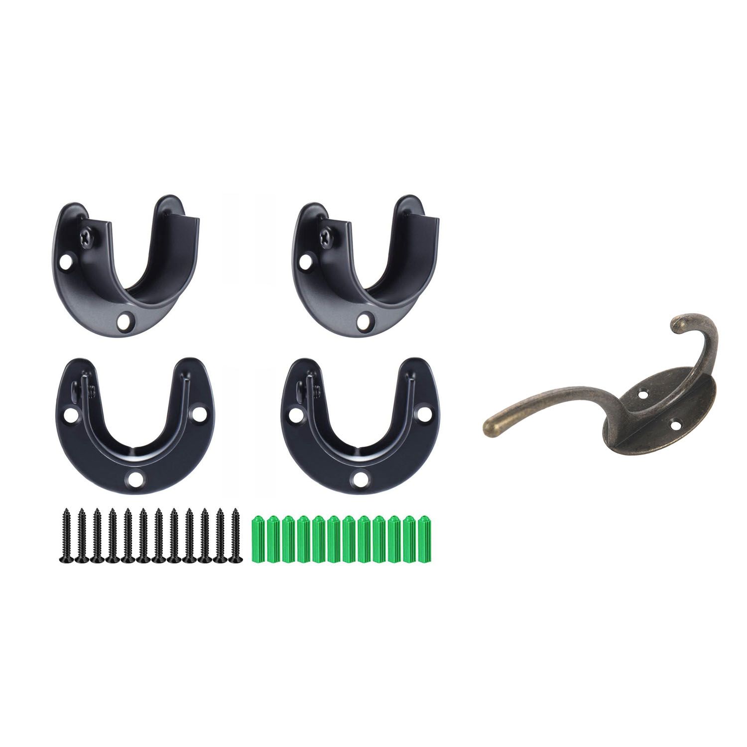 Harmony 1 Pcs Retro Dress Hook Coat Racks Metal Coat Hooks & 4 Pcs Closet Pole Sockets Flange Rod Holder with Screws (U-Shaped)