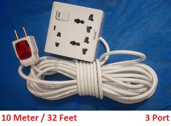 10 Meter / 32 Feet Handmade 3 port / 8 Pin Multi plug (Heavy Duty + Long lasting) Universal Socket 100% Copper Cable