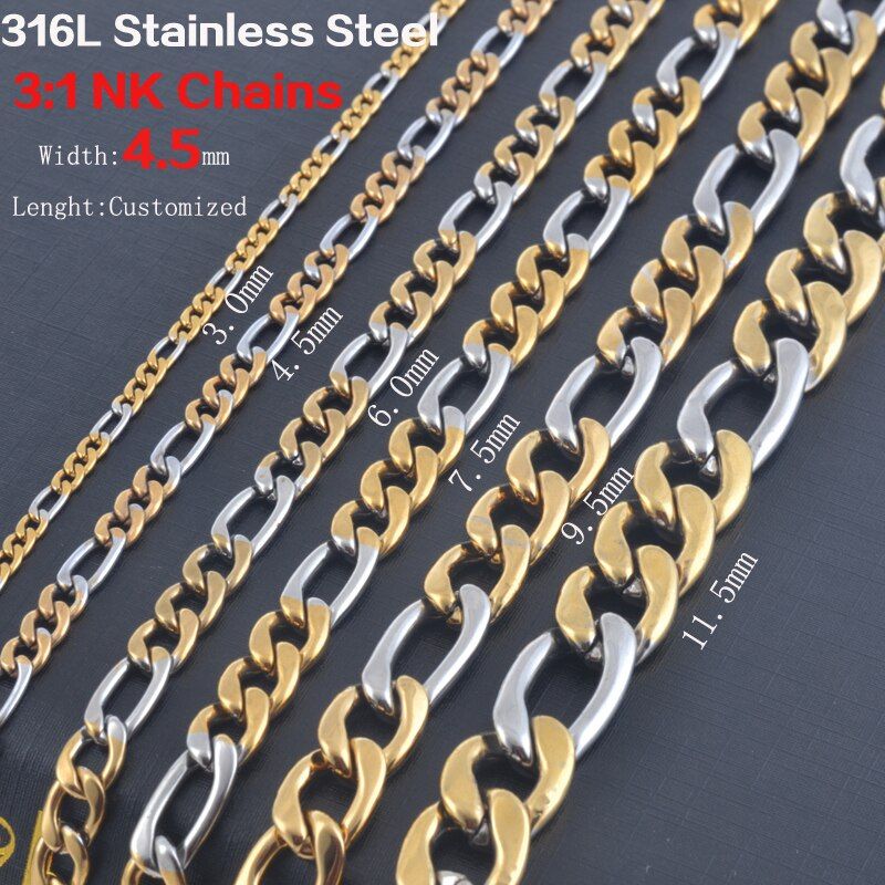 Width 3.0mm/4.5mm/6mm/7.5mm Statement Stainless Steel Necklace Vintage Figaro Chains Women Gold and Silver Tone Wholesale