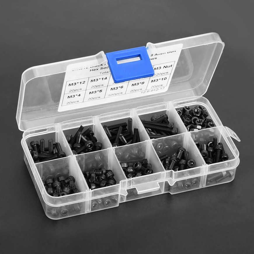 Hex Socket Cap Screw 300pcs M3 x 4-20mm 12.9 Grade Black Alloy Steel Bolt and Nut Kit