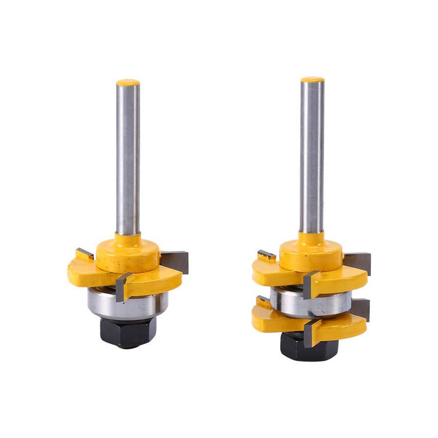 2Pcs/set Shank Matched Tongue & Groove Router Bit 3/4in Stock 1/4in 3 Teeth T‑shape Wood