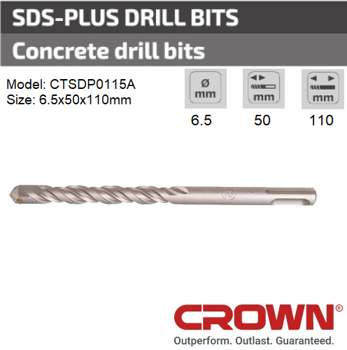 Crown SDS-plus Drill Bit for Concrete 6.5x50x110mm  Model: CTSDP0115A