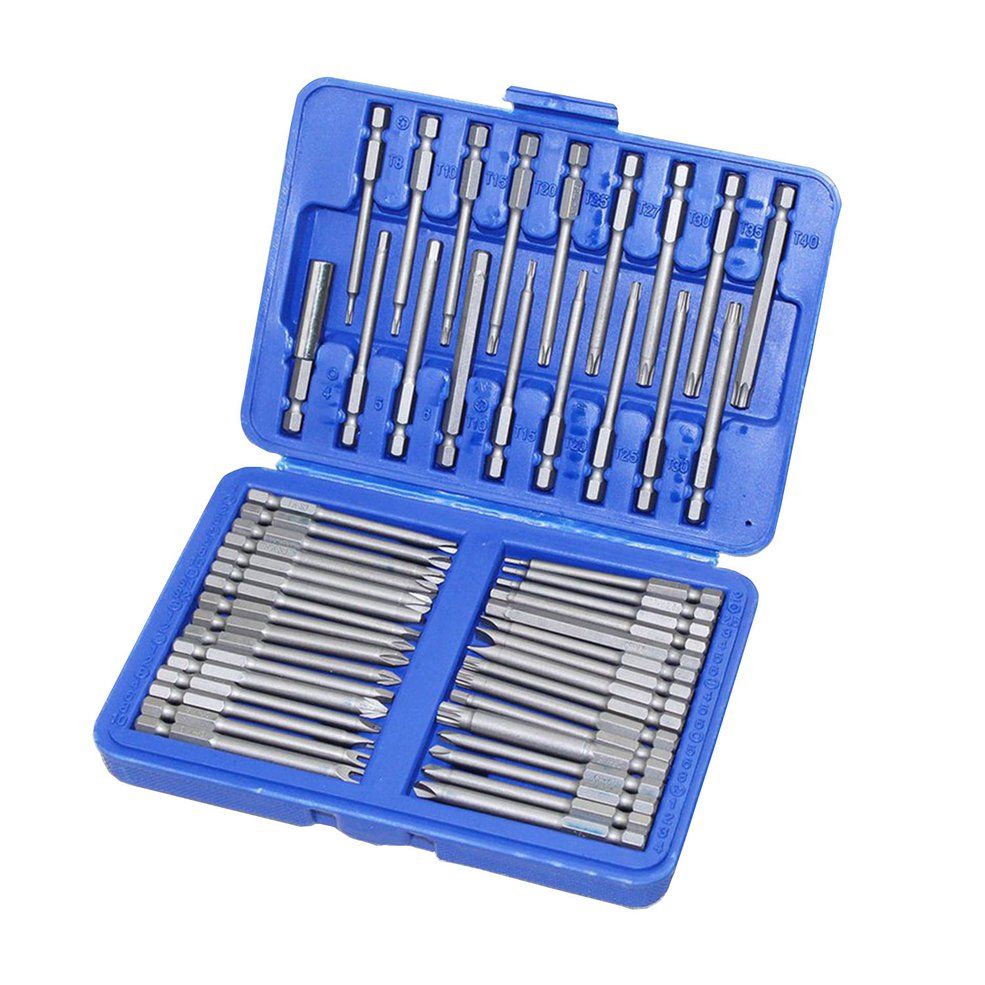 50 Pcs Extra Long Bit Set Torx Star Hex Pozi Phillips Slotted Screwdriver-blue and sliver
