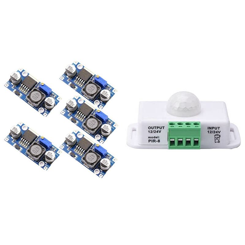 5 Pcs DC-DC Buck Converter Step Down Module & 1 Pcs PIR Infrared Motion Sensor Detector, DC 12V-24V Motion Sensor Switch