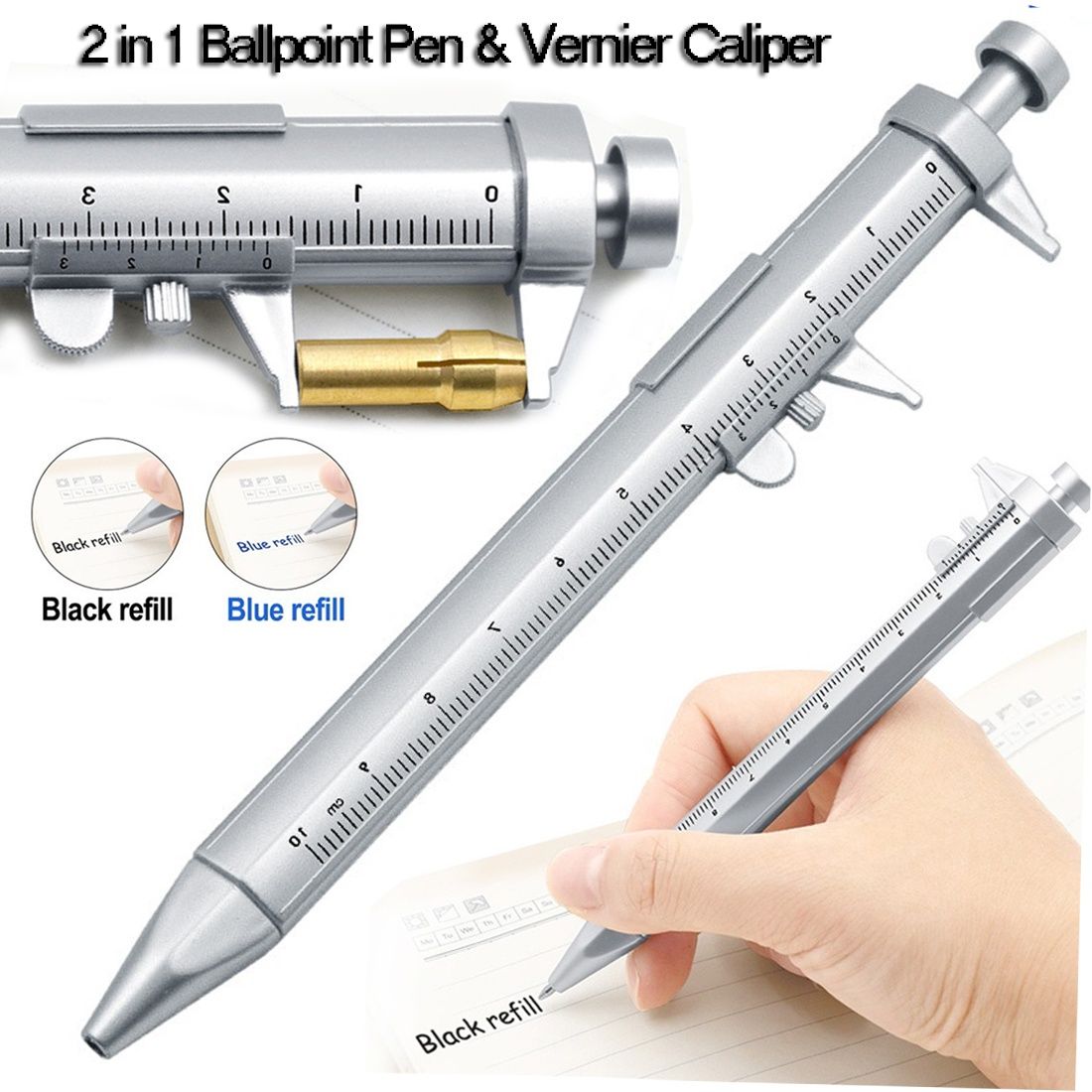 DASI Multifunction 0-100mm Creative Pen Vernier Caliper Stationery Roller Ball Pen Ruler Measuring Tool