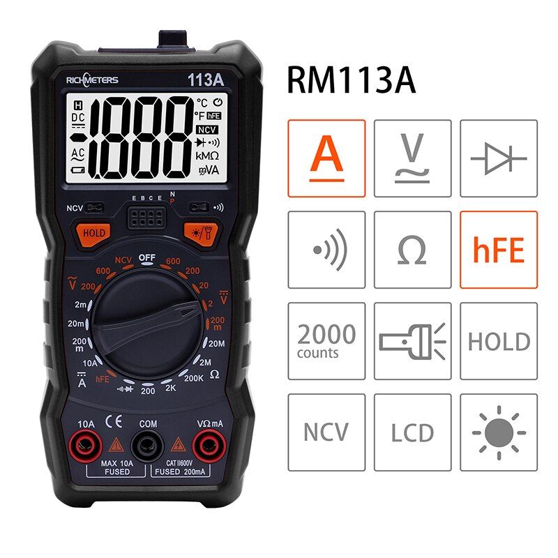 RICHMETERS Digital Multimeter 6000 counts NCV Auto Ranging AC/DC voltage meter Flash light Back light TRUE RMS
