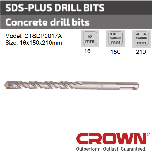 Crown SDS-plus Drill Bit for Concrete 16x150x210mm  Model: CTSDP0017A