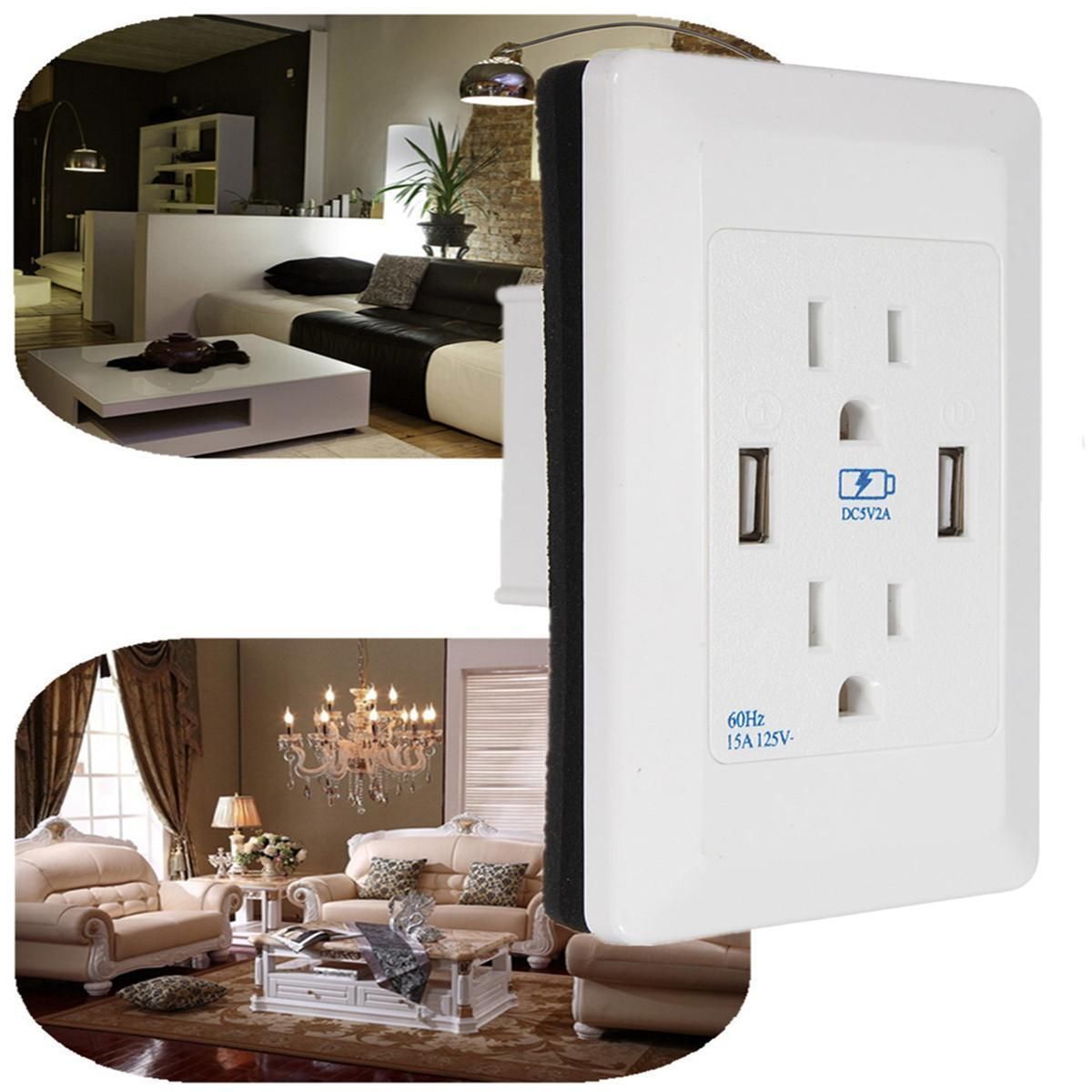 AC Power Adapter Socket Receptacle With 2 Port USB Wall Charger Outlet Plate