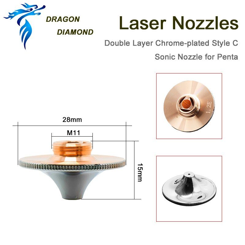 DRAGON DIAMOND Laser Nozzles Double Layer Chrome-plated Penta Sonic Nozzle D28mm Caliber 1.2-1.6mm for Fiber Laser Cutting Head
