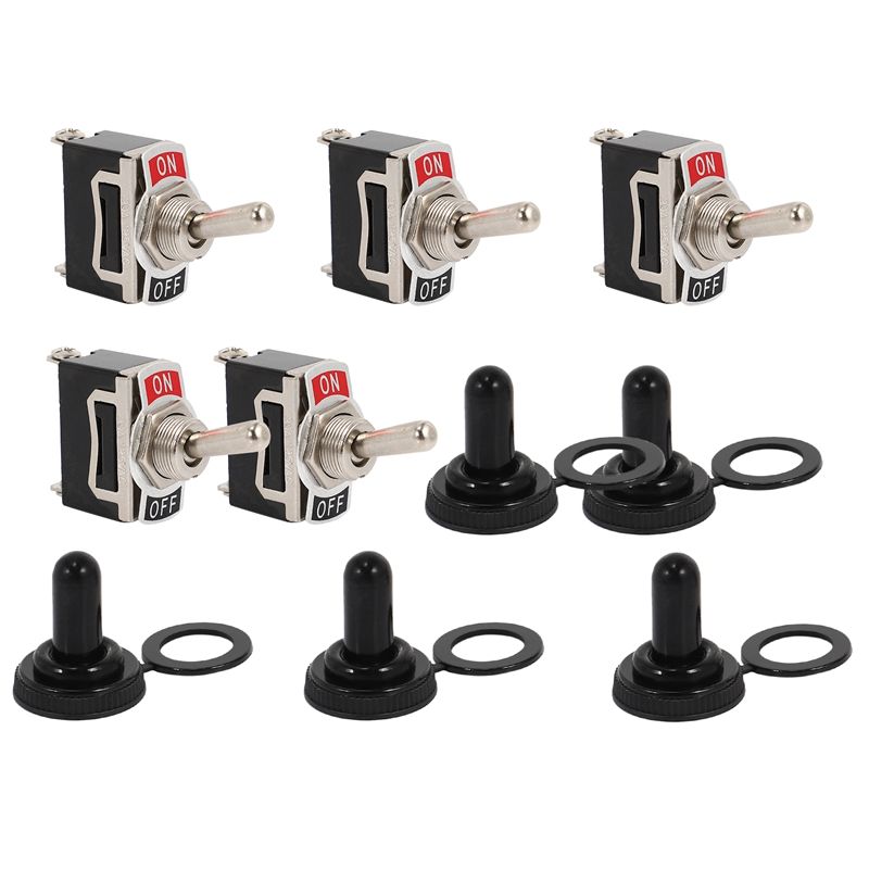 Heavy Duty Rocker Toggle Switch 15A 250V 20A 125V SPST 2 Pin ON/OFF Switch Metal Bat Waterproof Boot Cap Cover - 5 Pack