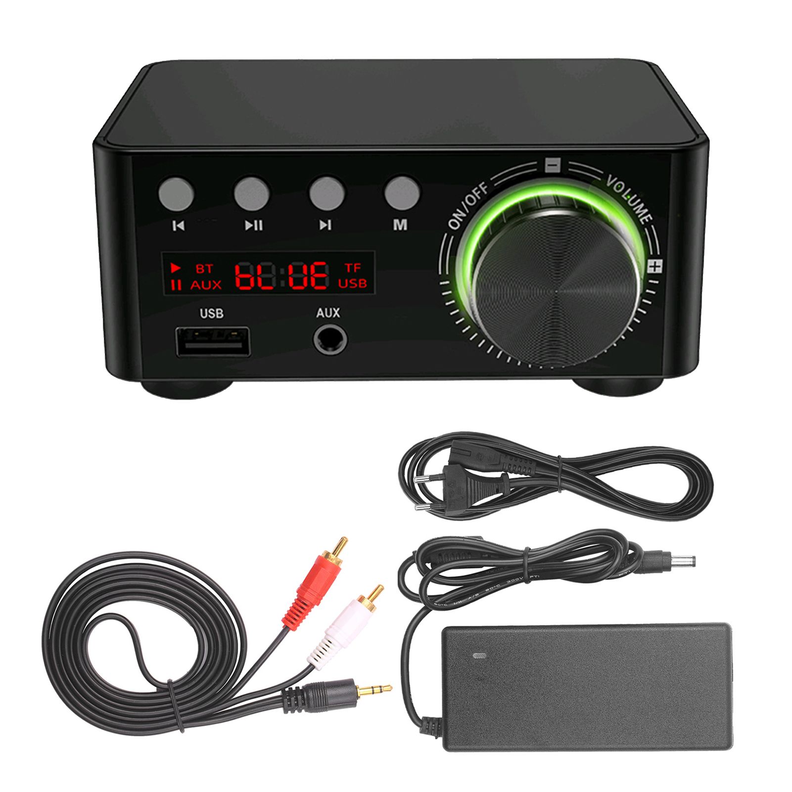 HIFI BT5.0 Digital Amplifier Mini Stereo Audio Amp 100W Dual Channel Sound Power Audio Receiver Stereo AMP USB AUX for Home Theater USB TF Card Players with Audio Cable Sliver US Plug