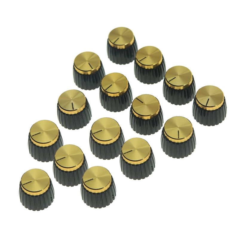 TWEXQNY-15Pcs Guitar AMP Amplifier Push on Fit Knobs Black with Gold Aluminum Cap Top Fits 6Mm Diameter Pots Marshall Amplifiers
