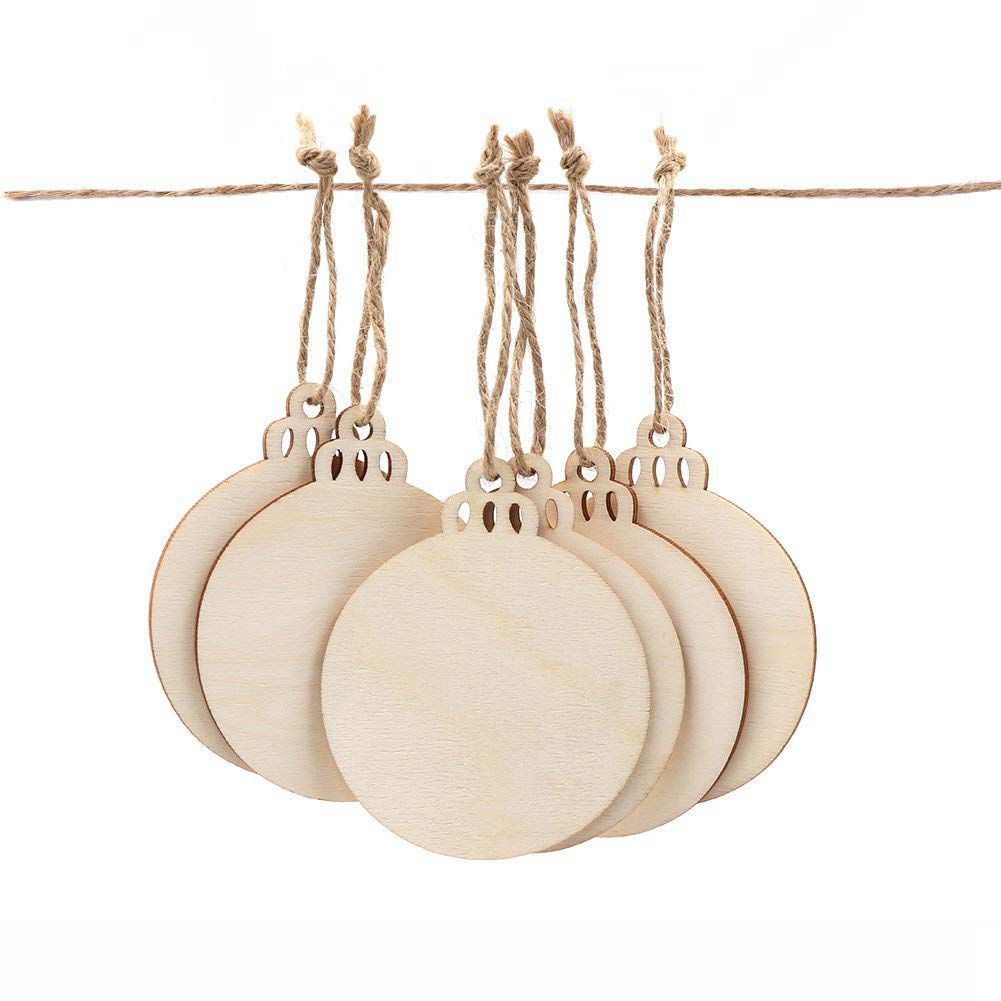 Durable 50pcs DIY Craft Wooden Round Bauble with 50pcs Twines to Paint, Unfinished Christmas Hanging Ornaments Natural Blank Wood Discs Bulk Slices for Rustic Christmas Decoration