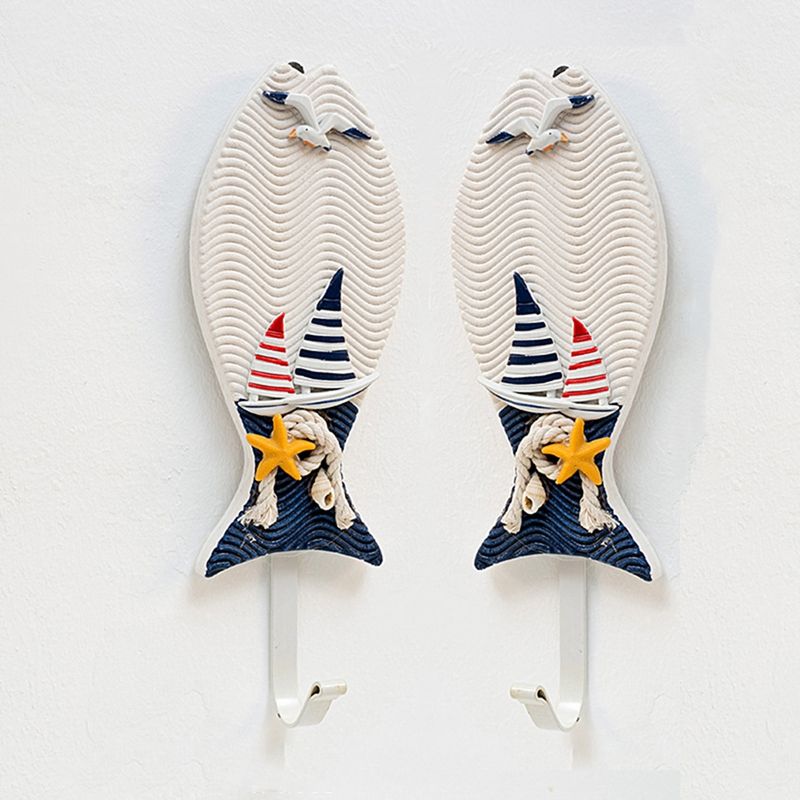 2Pcs Mediterranean Style Fish Boat Shaped Wall Hooks Living Room Hanging Decoration Nautical Decor