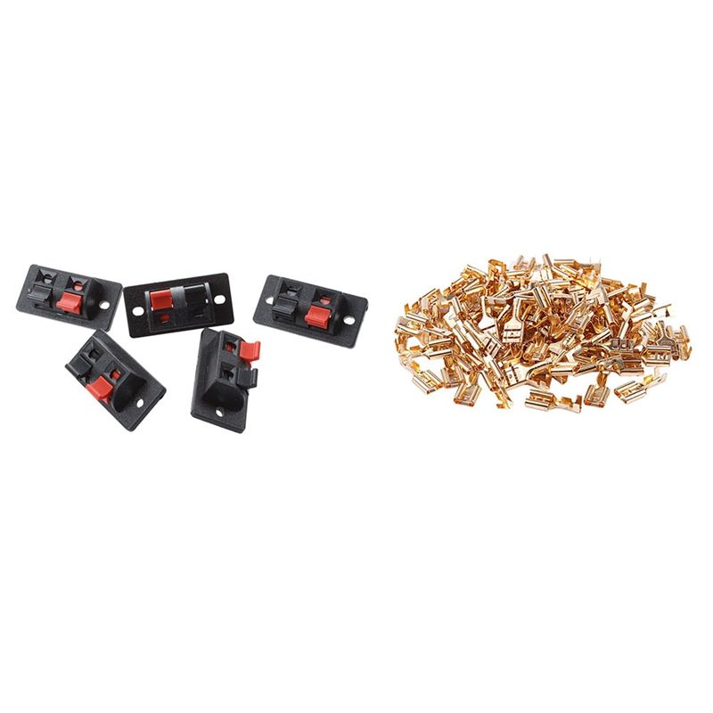 5Pcs Red Black Single Row 2 Positions Push in Jack Speaker Terminal & 100Pcs 6.3Mm Female Spade Terminal