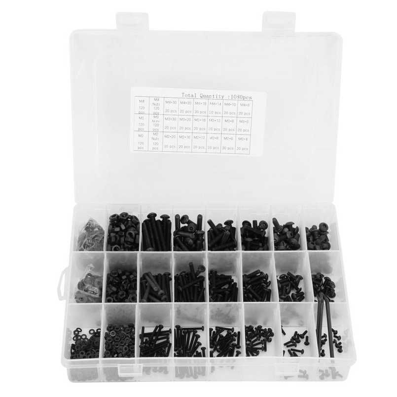 Screw Nuts Set 1080pcs Black Carbon Steel Semi-Circular Head Hex Nut Bolt Flat Washer Wrench Combination