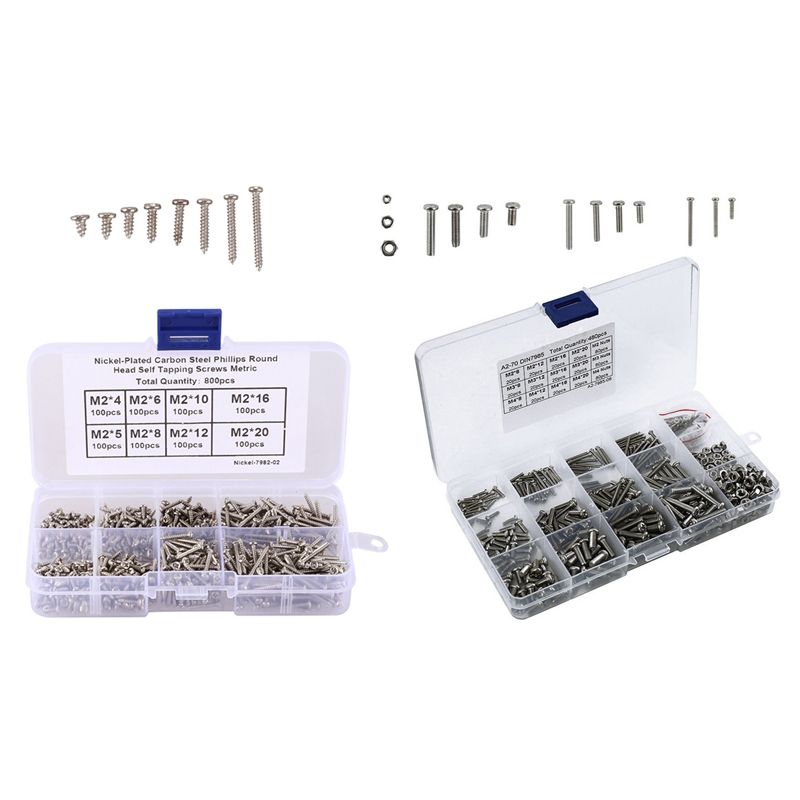 480Pcs/Set M2 M2.5 M3 Din7985 Gb818 Steel Cross Recessed Pan Head Screws & 800Pcs/Set M2 Screw Carbon Steel Cross Drive Pan Head Self Tapping Screws Assorted Fastener