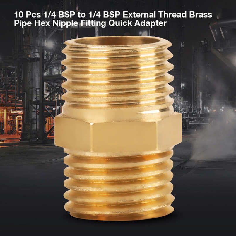 10 Pcs 1/4 BSP to External Thread Brass Pipe Hex Nipple Fitting Quick Adapter