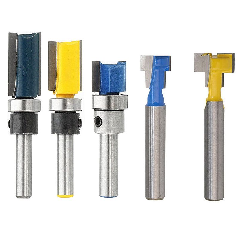 3Pcs 1/4Inch Shank Alloy Bearing Flush Trim Pattern Router Bit Milling Cutter & 1Set 1/4 Inch Shank T-Slot Cutter Router Bit Steel Handle 3/8 Inch & 1/2 Inch Length
