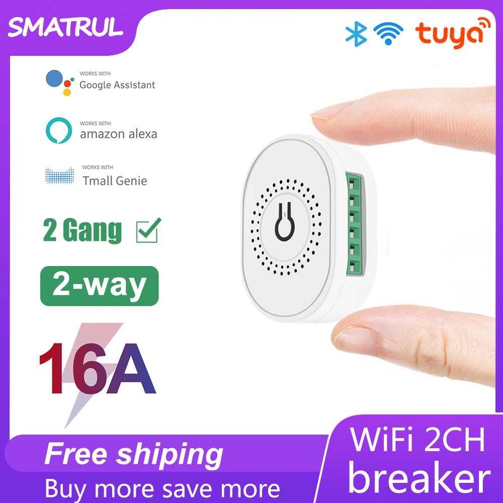 SMATRUL - Mini WiFi Switch - 1/2 Gang 2 way controller - 16A 110-220V - Light Breaker Module - Voice Relay Controller - work for Tuya/Google Home