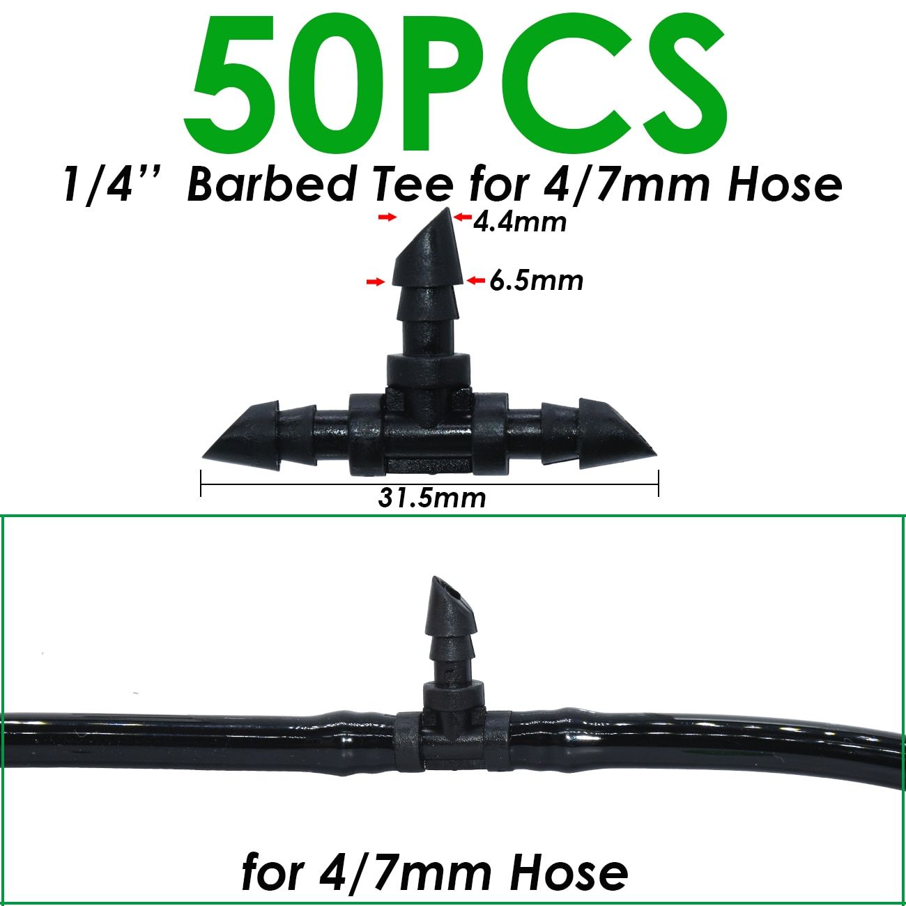 50PCS Barb Tee 3-Way 4/7mm Connector Garden Watering 1/4 Inch Pipe Hose Joint Micro Drip Irrigation Tool for Flower Pots