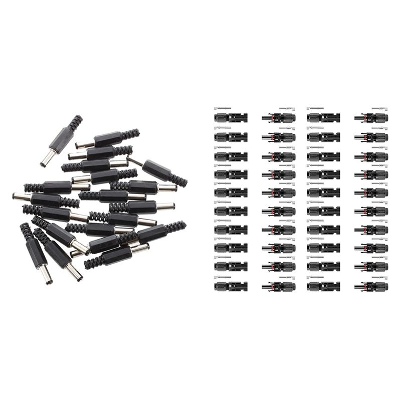 20 Pcs Black 2.5mm X 5.5mm DC Power Male Plug Jack Adapter & 20 Pair Male / Female Solar Panel Cable Connector