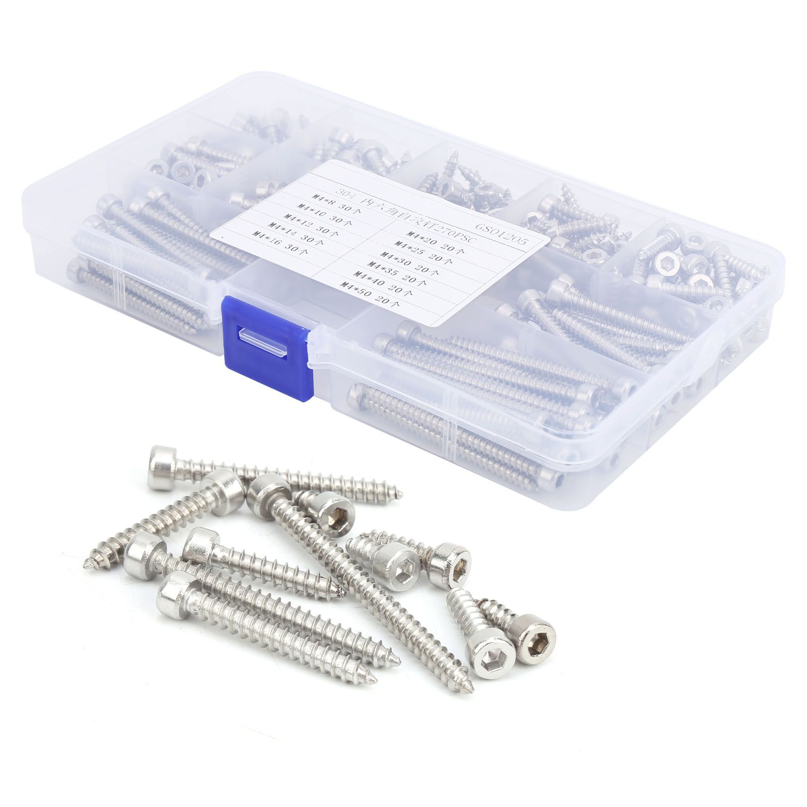 Self-Tapping Screw 270Pcs Self‑Tapping 304 Stainless Steel M4 Hex Socket Drywall Nail Assortment Kit