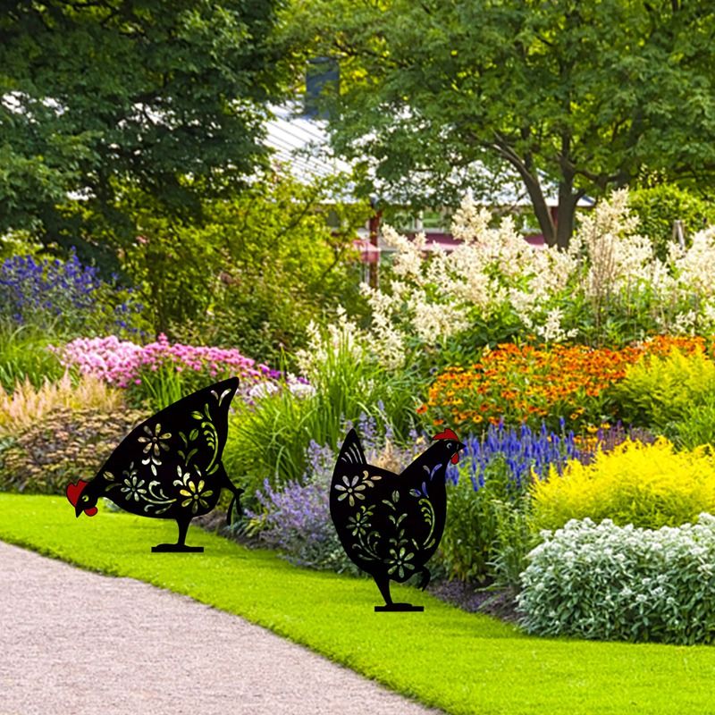 2 PCS Rooster Gardening Ornaments Metal Black Cock Yard Decor Chicken Yard Art Home Outdoor Garden Backyard Lawn Decor