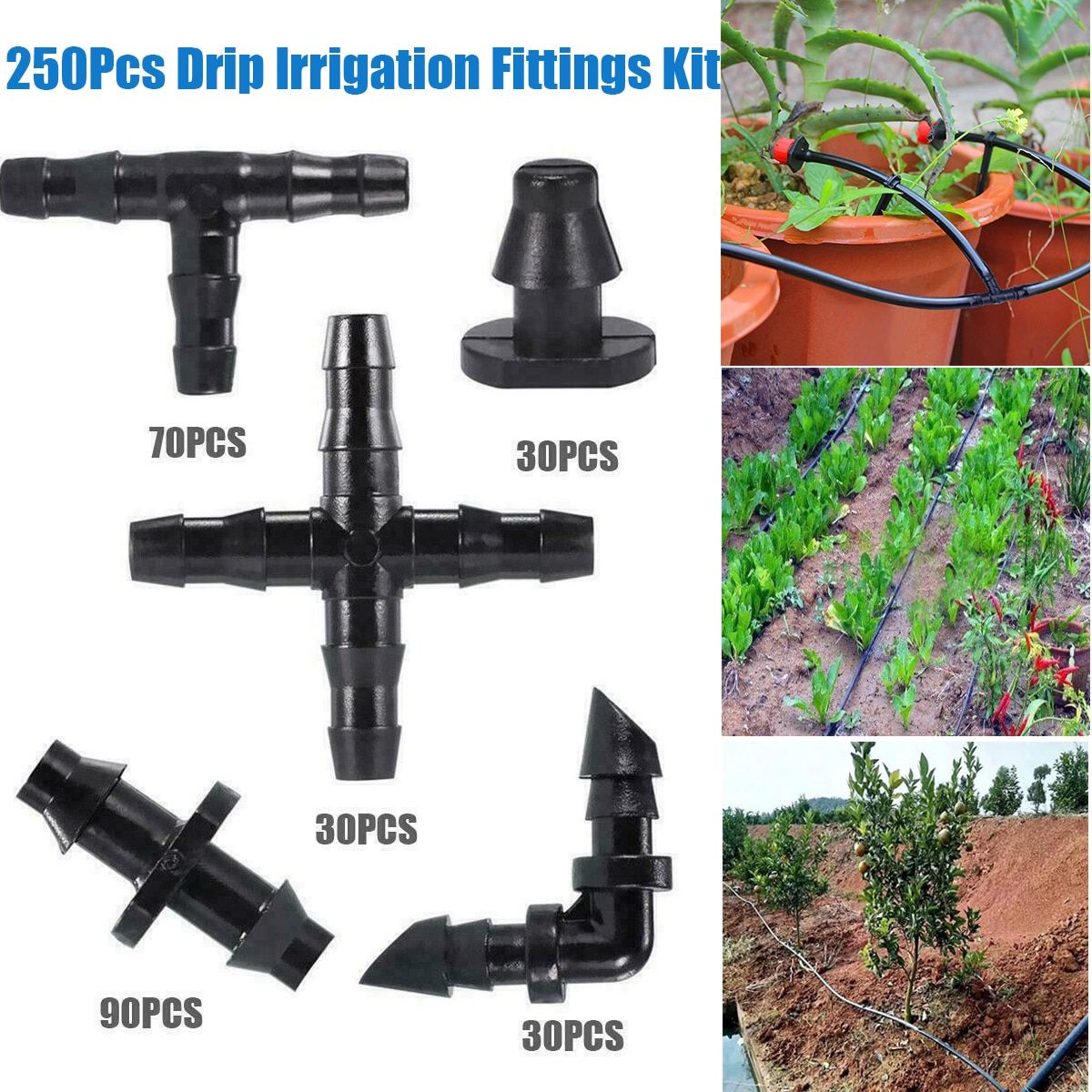 250 Pcs Irrigation Fittings Sprinkler Drip Kit Barbed Connectors Watering Pipe Hose Flower Vegetable Garden Lawn for 4/7 Tube