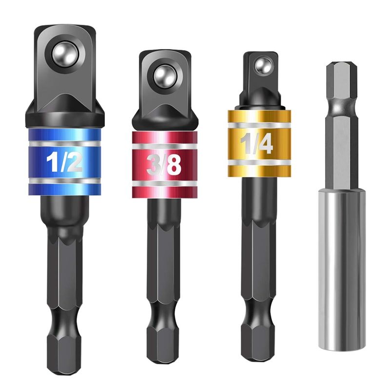 4 Pieces Impact Driver Socket Adapter Set with Magnetic Extension Bit Holder for 1/4 Inch Hex Shank to Square Socket Turn Power Drill Into Nut Driver