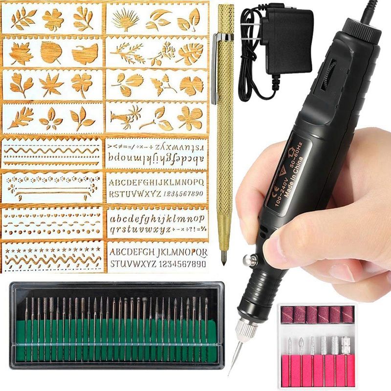 Electric Engraver Pen,Engraving Tool Kit for Metal Glass Stones Ceramic Plastic Wood Jewelry with Polishing Head,Scriber Etcher & Stencils Us Plug