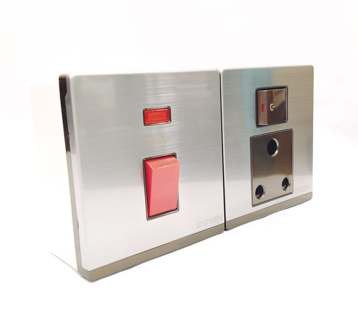 Dosen Ornate Brown. Switch-Socket Economy Pack for A/C, Geyser, Water Pumps/Motor etc: 20Amp DP Switch+15Amp Power Socket+2-gang Plastic Back Cover.
