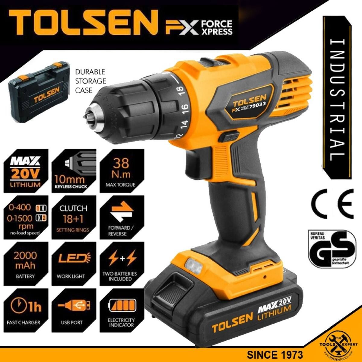 TOLSEN 20V LI-ION Cordless Drill w/ 2 Battery Hard Case included, GS & CE Approved Industrial Series 79033