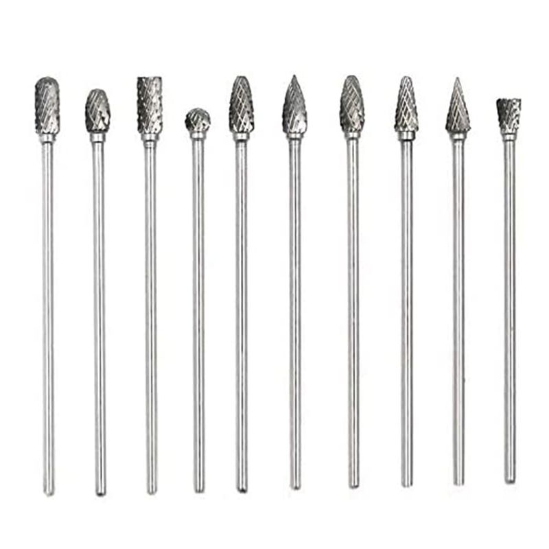 10Pc 6 Inch Long Double Cut Tungsten Solid Carbide Rotary Burrs Set 1/8 Inch(3mm) Shank Twist Drill Bit for Rotary Tools