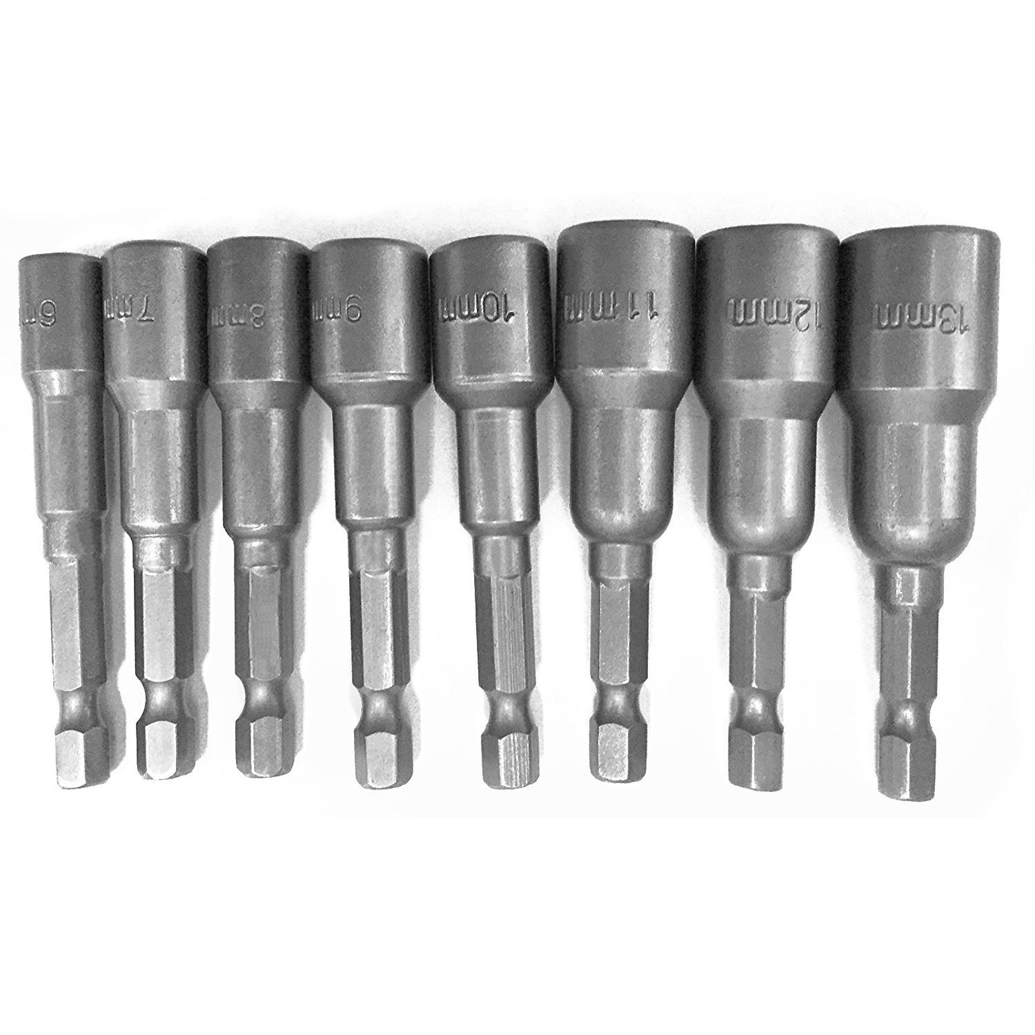 8pcs 1/4 inch Hex Magnetic Nut Driver Socket Set Metric Impact Drill Bits 6 to 13mm Adapter - silver gray