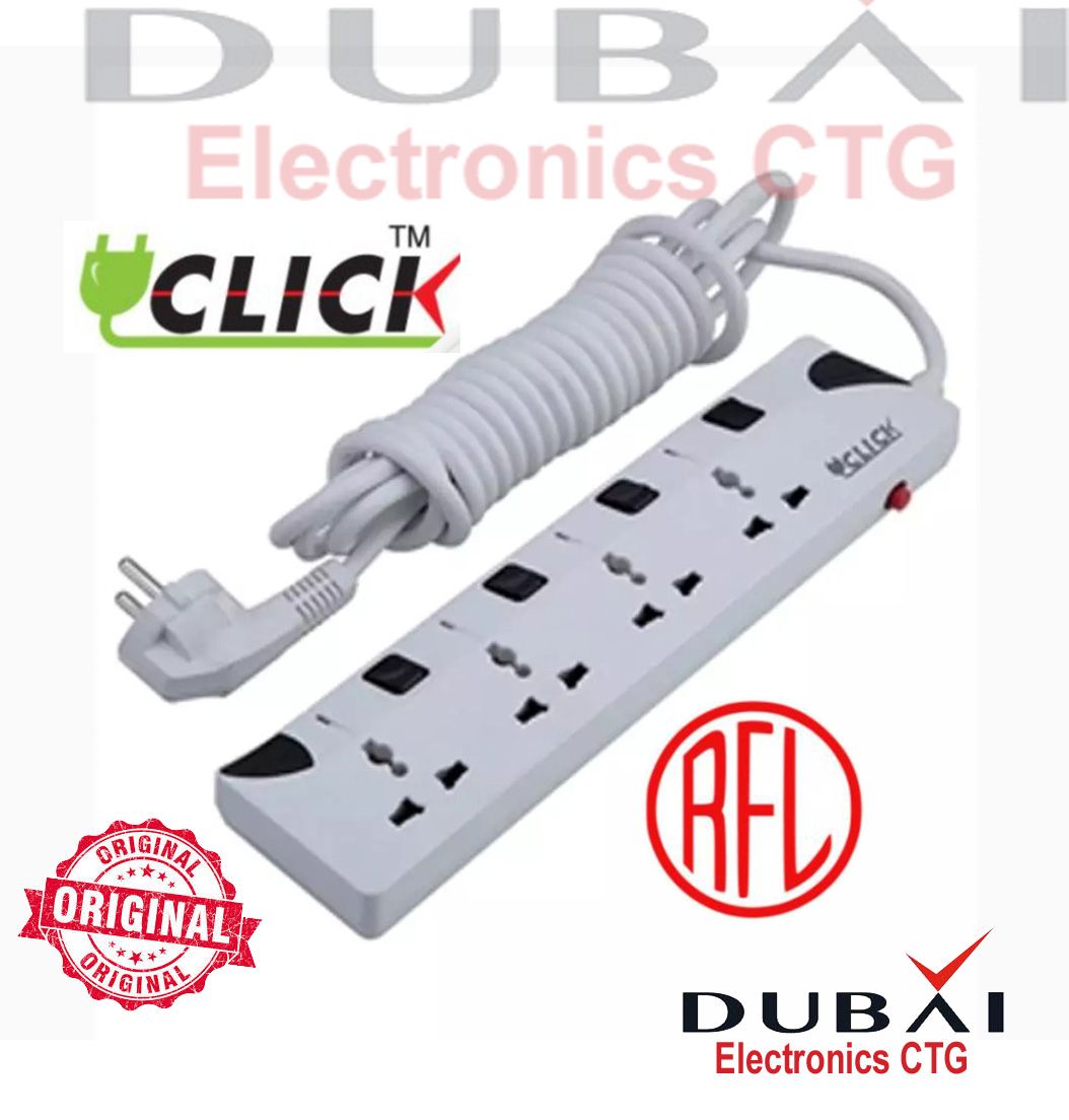 2 Pin 4 Port, 10 Feet Long Cable  1500w  Click multi Extension